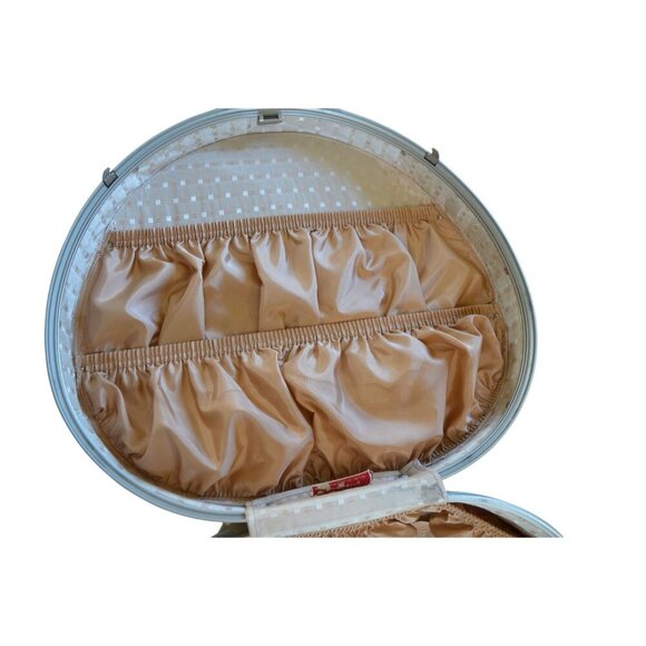 Vintage 60s Samsonite Hat Box Round Luggage Train Case Cream Travel Peach Satin - Picture 15 of 16